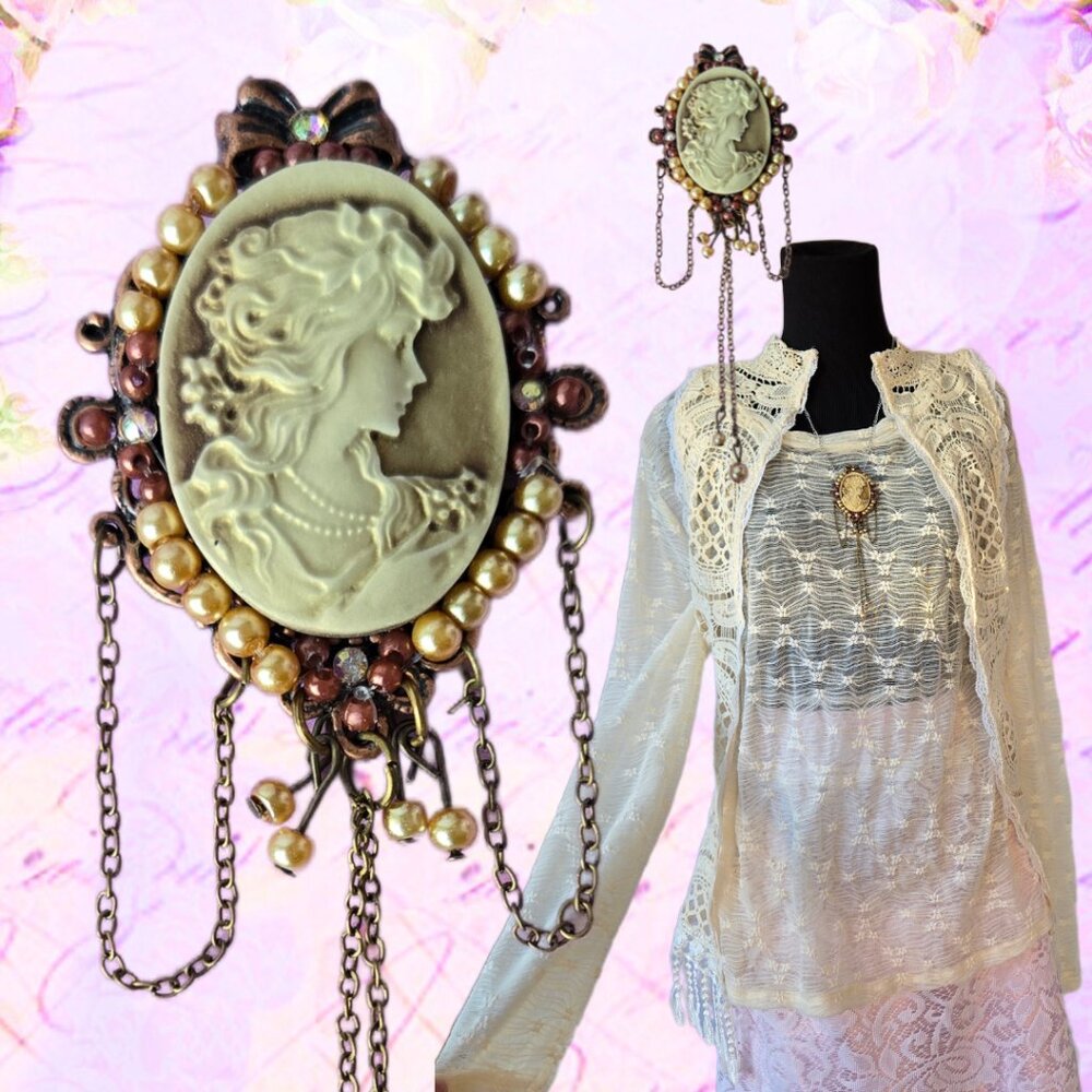 Lady Cameo Mauve Brooch with Pearls and Dripping Chain Y2K Regencycore Romance
